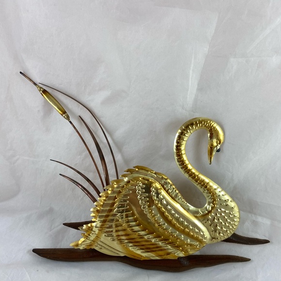 Vintage Swan Bird with Cattails Brass Copper & Wood MCM Wall Art Decor 2 Pieces - Picture 2 of 9